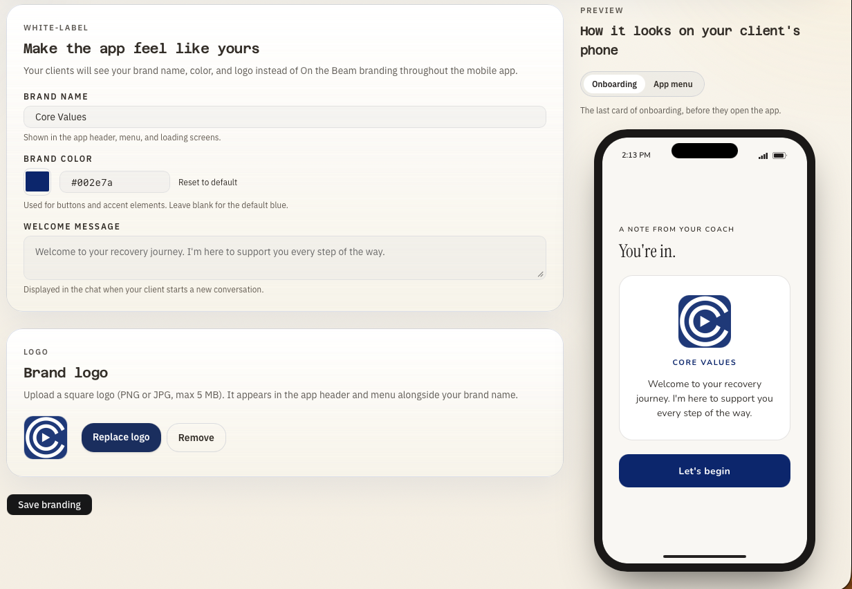 OnTheBeam co-branded with a practice's own logo and colors