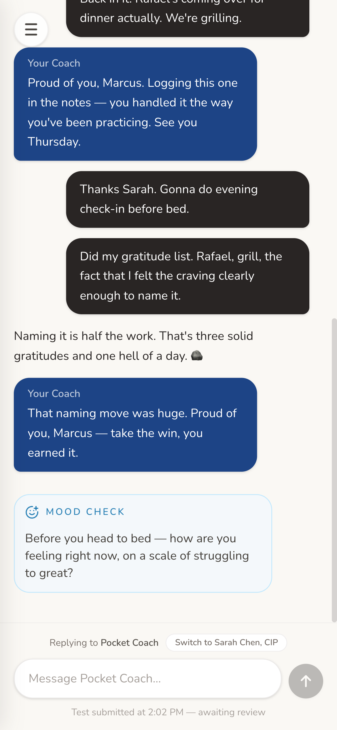 Mobile client chat showing Marcus trading messages with his AI companion and his coach Sarah after a craving moment